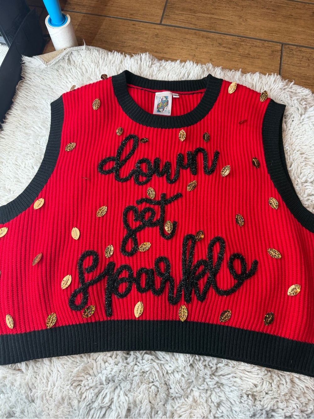 NWT Queen of Sparkle 'Down Set Sparkle' Sweater Vest Black Red Game Day Shirt - Picture 6 of 9